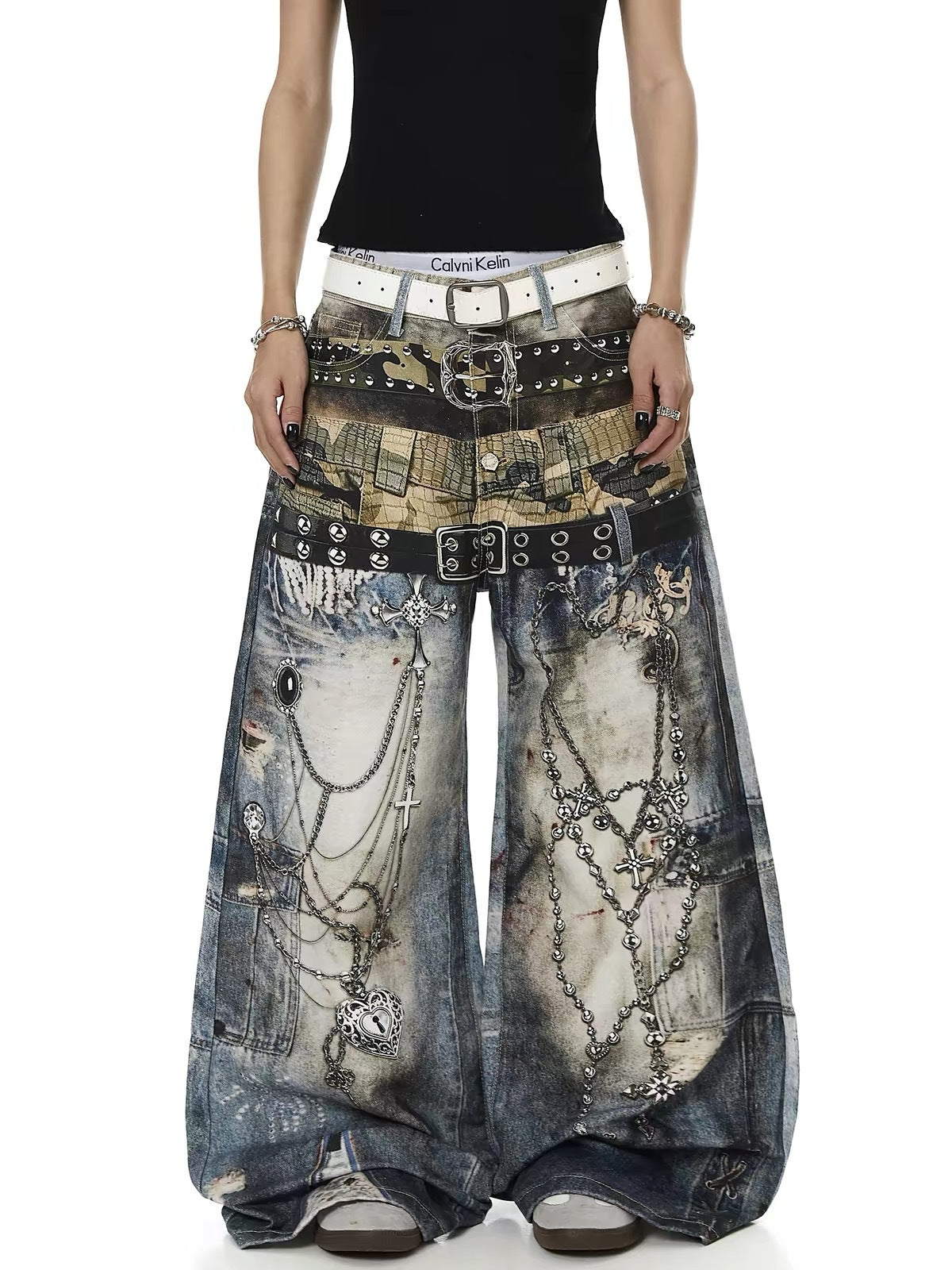 American style new fashion brand design 3D printing lace pearl chain printing vintage jeans for both men and women (42)
