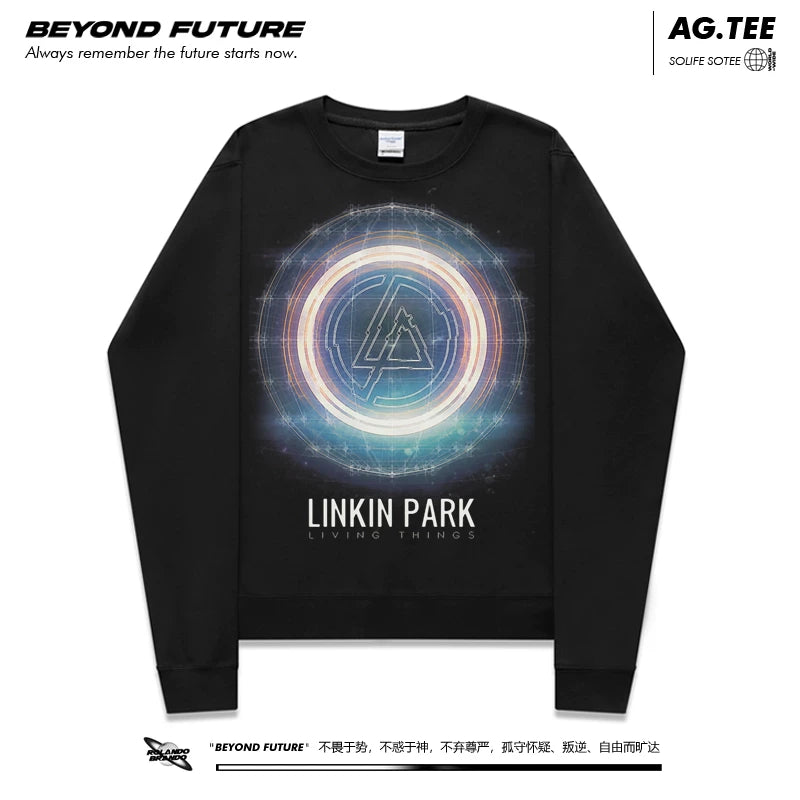 秋冬潮牌摇滚圆领卫衣黑直喷印花男女长袖打底上衣linkinpark林肯 (1)