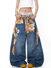 American style new fashion brand design 3D printing lace pearl chain printing vintage jeans for both men and women (28)
