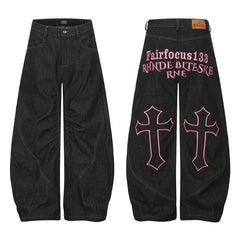 American style new fashion brand design 3D printing lace pearl chain printing vintage jeans for both men and women (4)