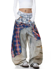 American style new fashion brand design 3D printing lace pearl chain printing vintage jeans for both men and women (3)